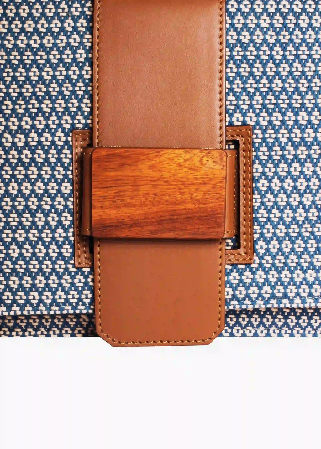 Berlin Align Topaz crossbody bag — close-up of brown leather trim and handwoven cotton weave