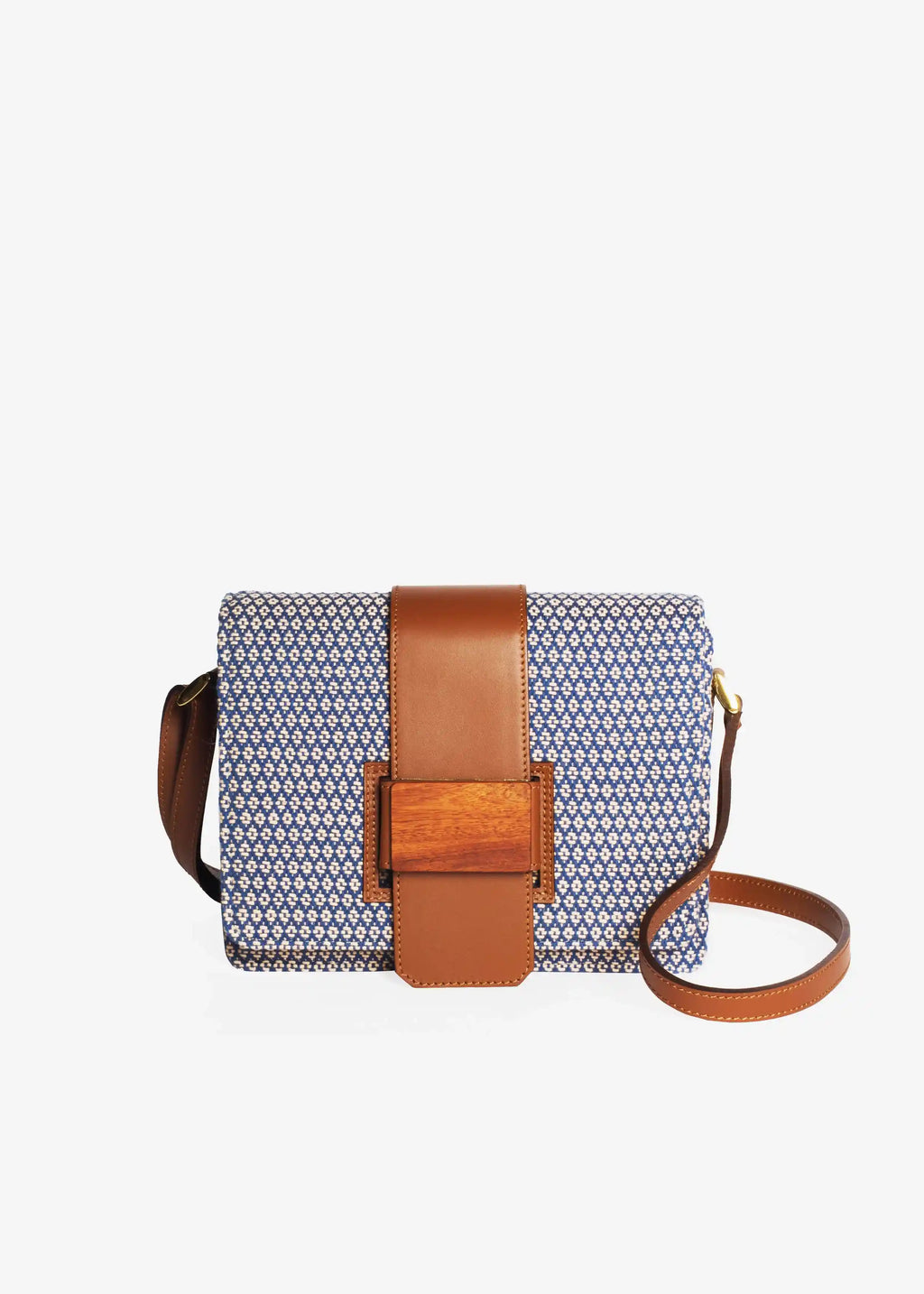 Berlin Align Topaz crossbody bag front view — handwoven cotton weave with reclaimed rosewood buckle