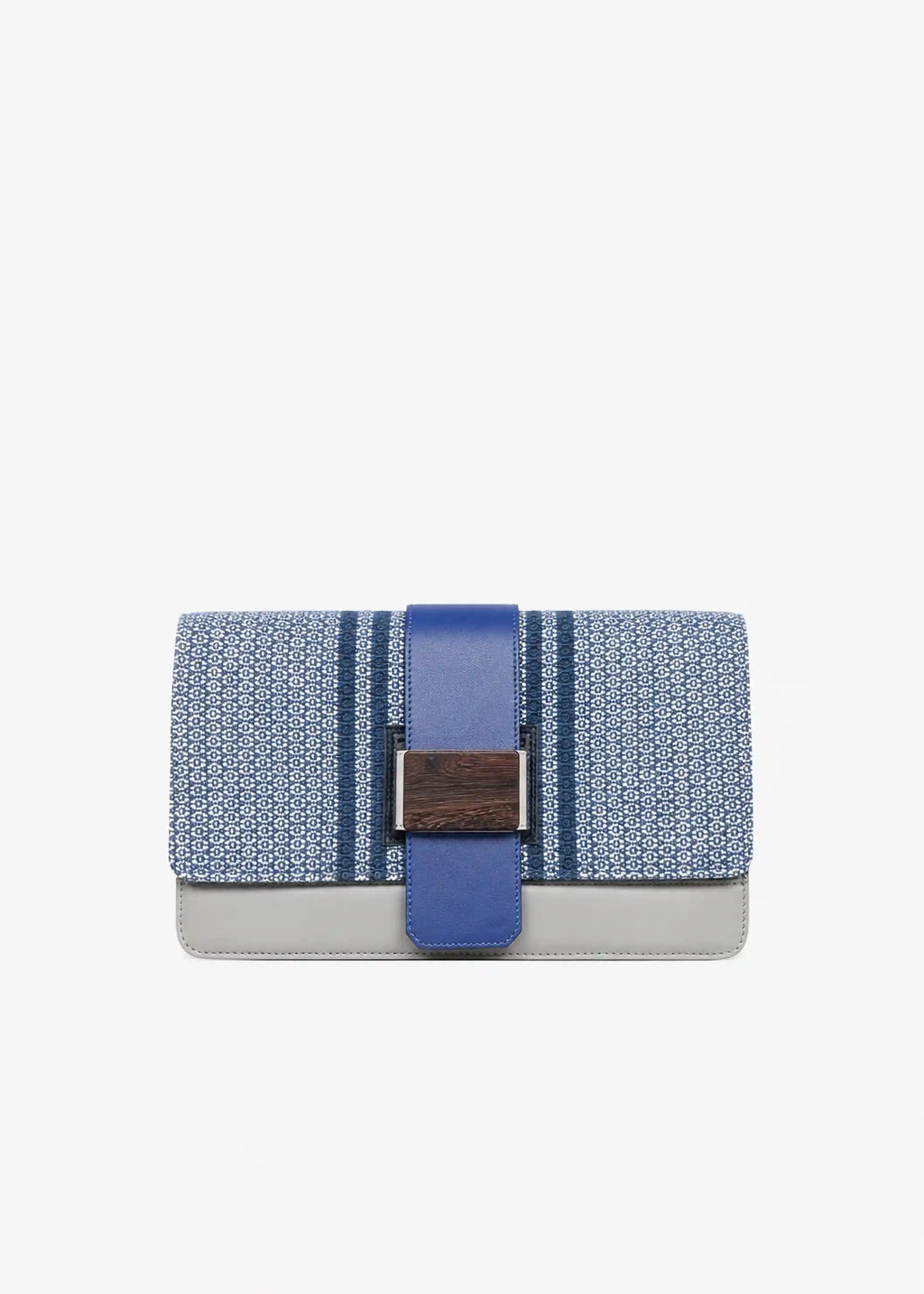 Berlin Clutch Loop Topaz front — handwoven cotton weave with multi color nappa leather and reclaimed wood frame closure