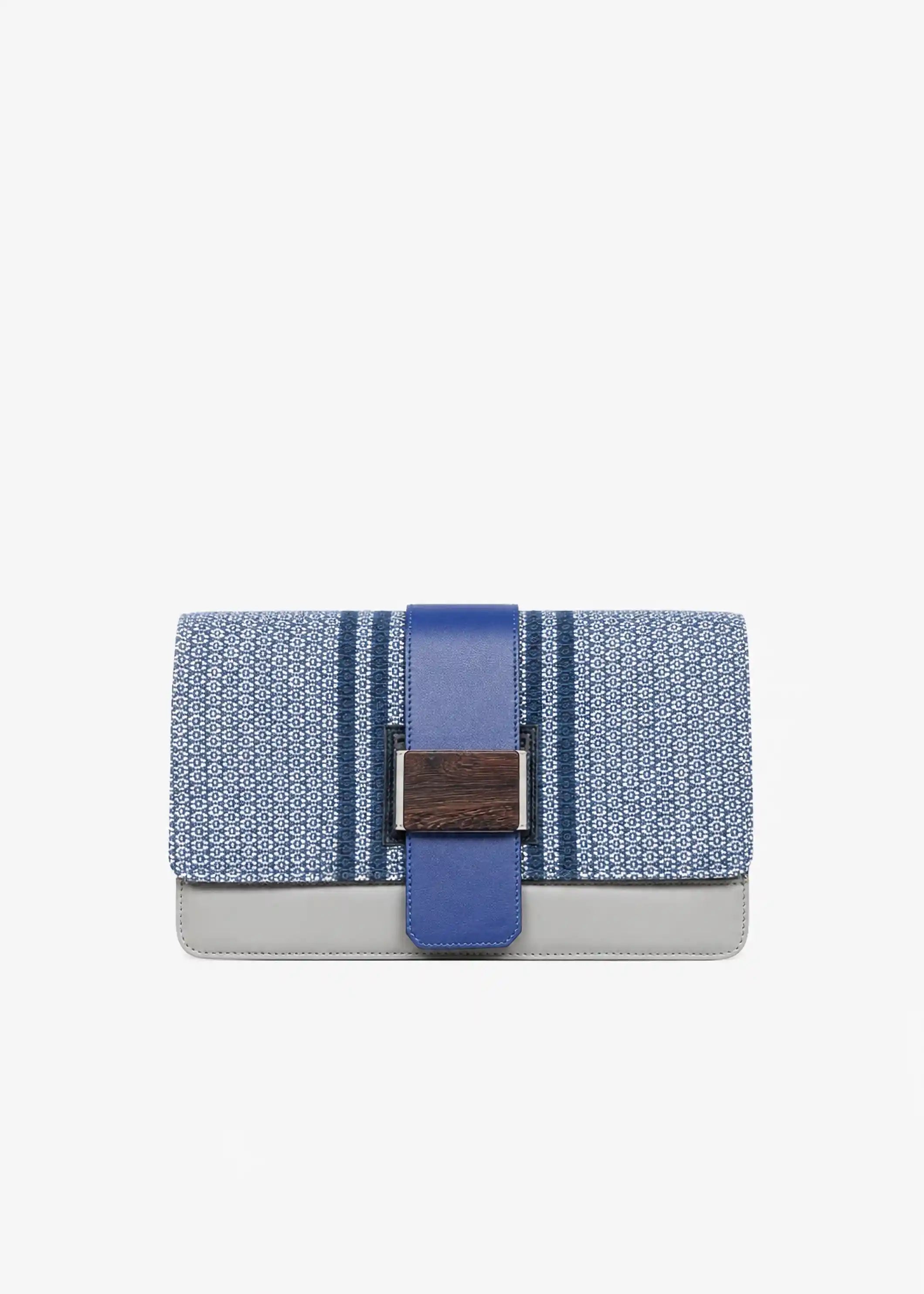 Berlin Clutch Loop Topaz front — handwoven cotton weave with multi color nappa leather and reclaimed wood frame closure