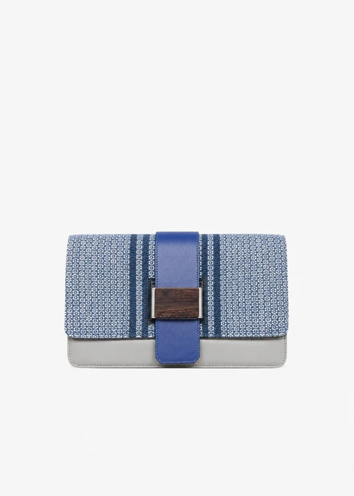 Berlin Clutch Loop Topaz front — handwoven cotton weave with multi color nappa leather and reclaimed wood frame closure