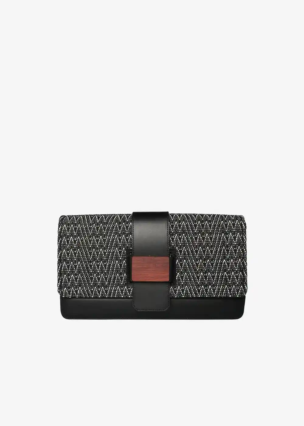 Berlin Clutch Peak Noir front — handwoven cotton weave with black nappa leather and reclaimed wood frame closure