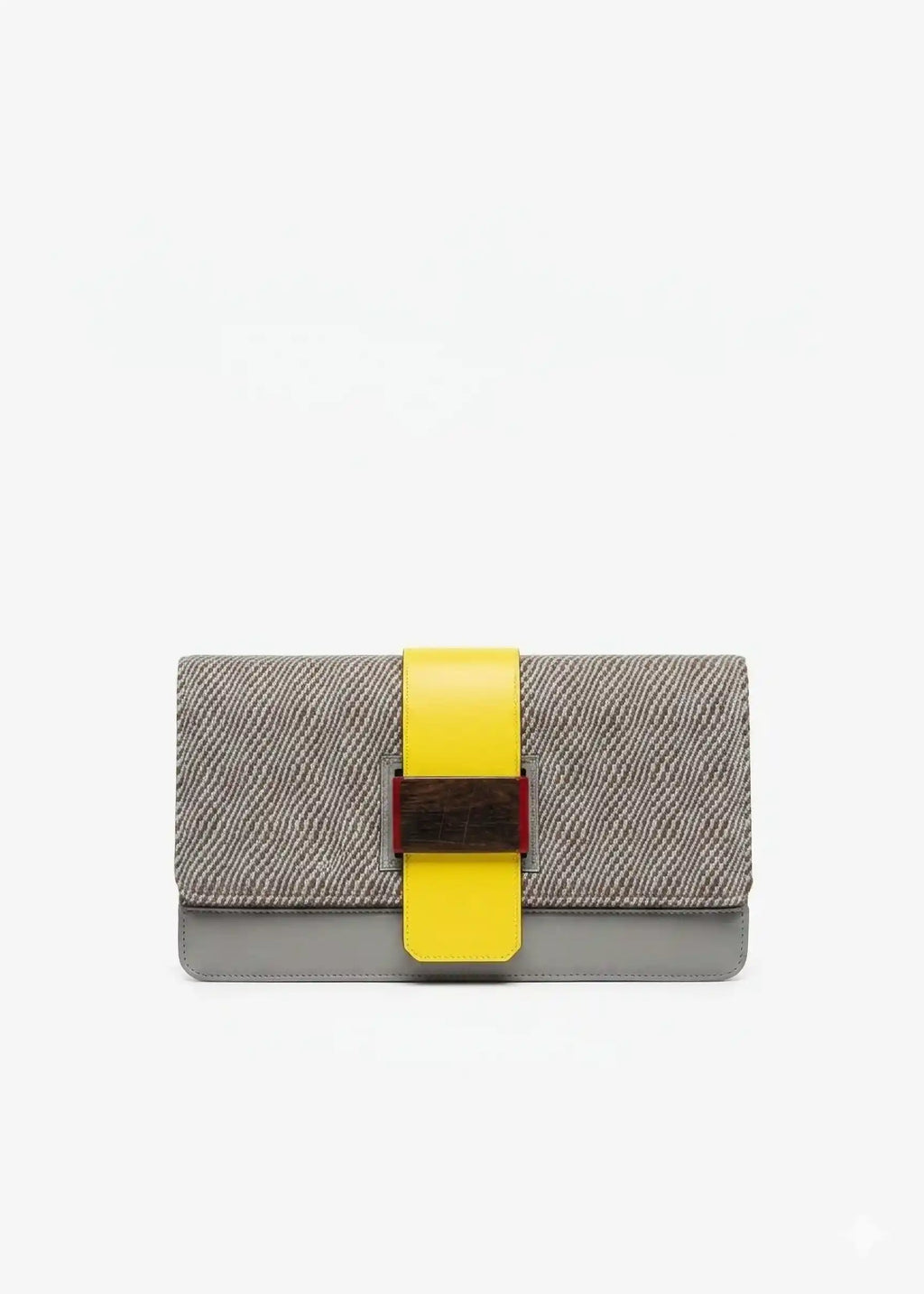 Berlin Clutch Rise Sandstone front — handwoven cotton weave with multi color nappa leather and reclaimed wood frame closure
