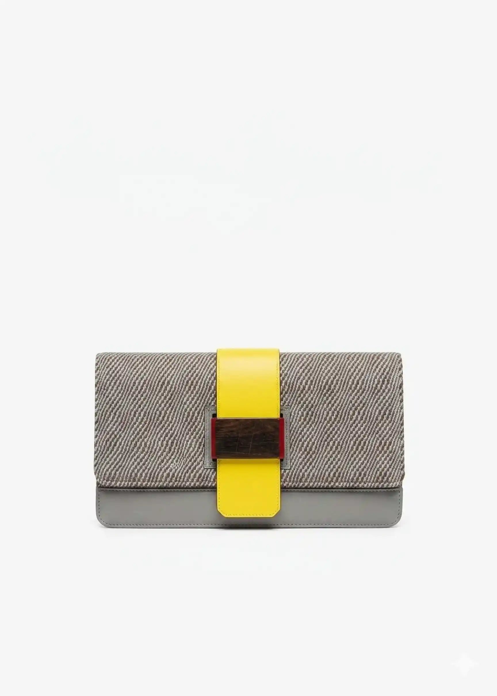 Berlin Clutch Rise Sandstone front — handwoven cotton weave with multi color nappa leather and reclaimed wood frame closure