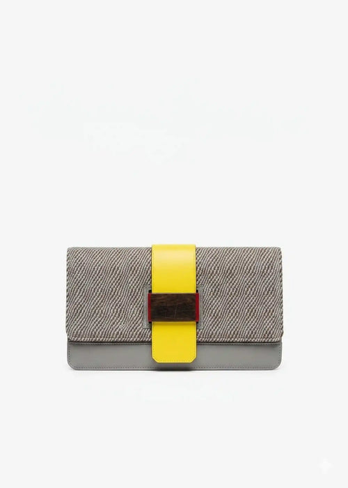 Berlin Clutch Rise Sandstone front — handwoven cotton weave with multi color nappa leather and reclaimed wood frame closure