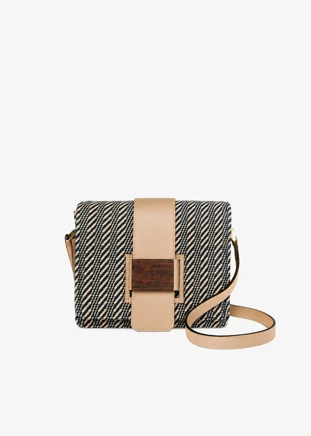 Berlin Twist Dusk crossbody bag front view — handwoven cotton weave with reclaimed rosewood buckle and beige leather