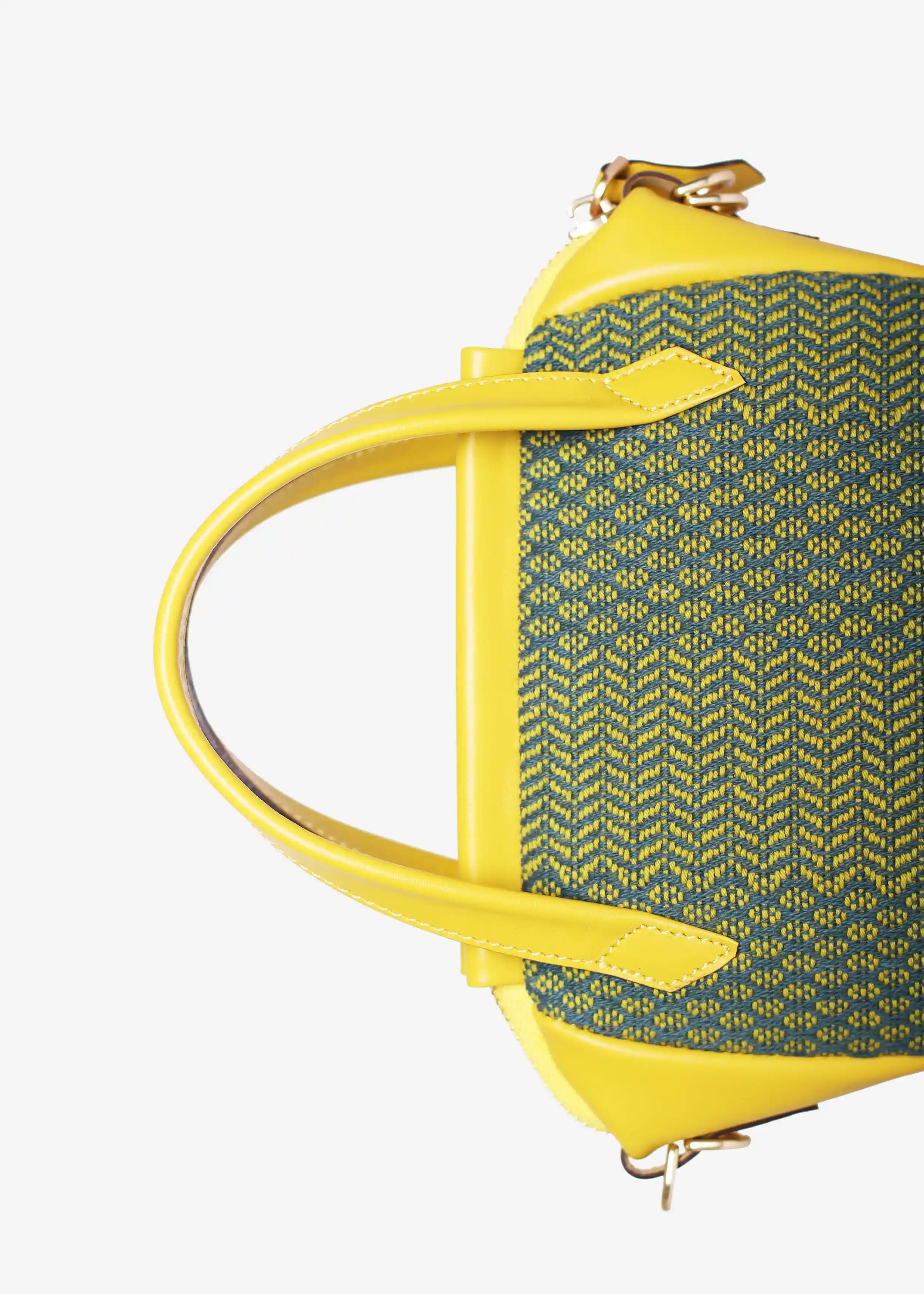 Chicago Mini Dream Green Mango bag detail — yellow leather handles and matte gold hardware