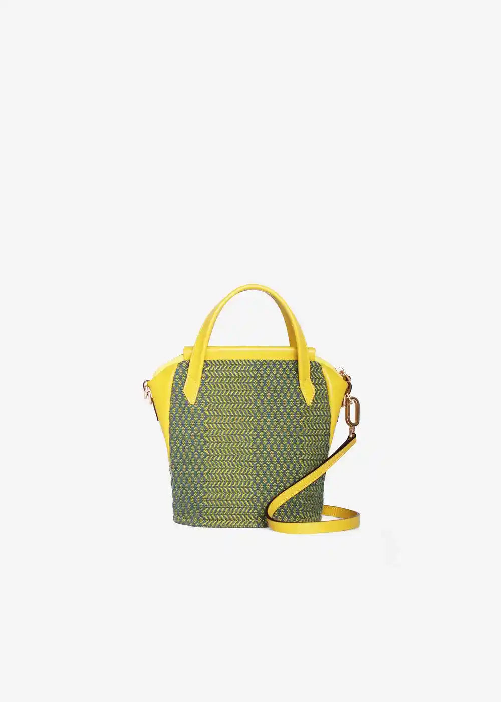 Chicago Mini Dream Green Mango bag front — handwoven cotton weave with yellow genuine leather handles and trim