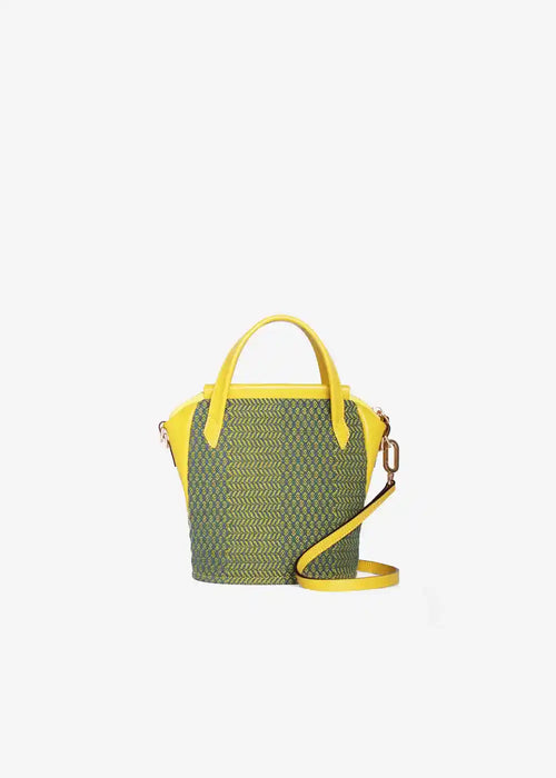 Chicago Mini Dream Green Mango bag front — handwoven cotton weave with yellow genuine leather handles and trim