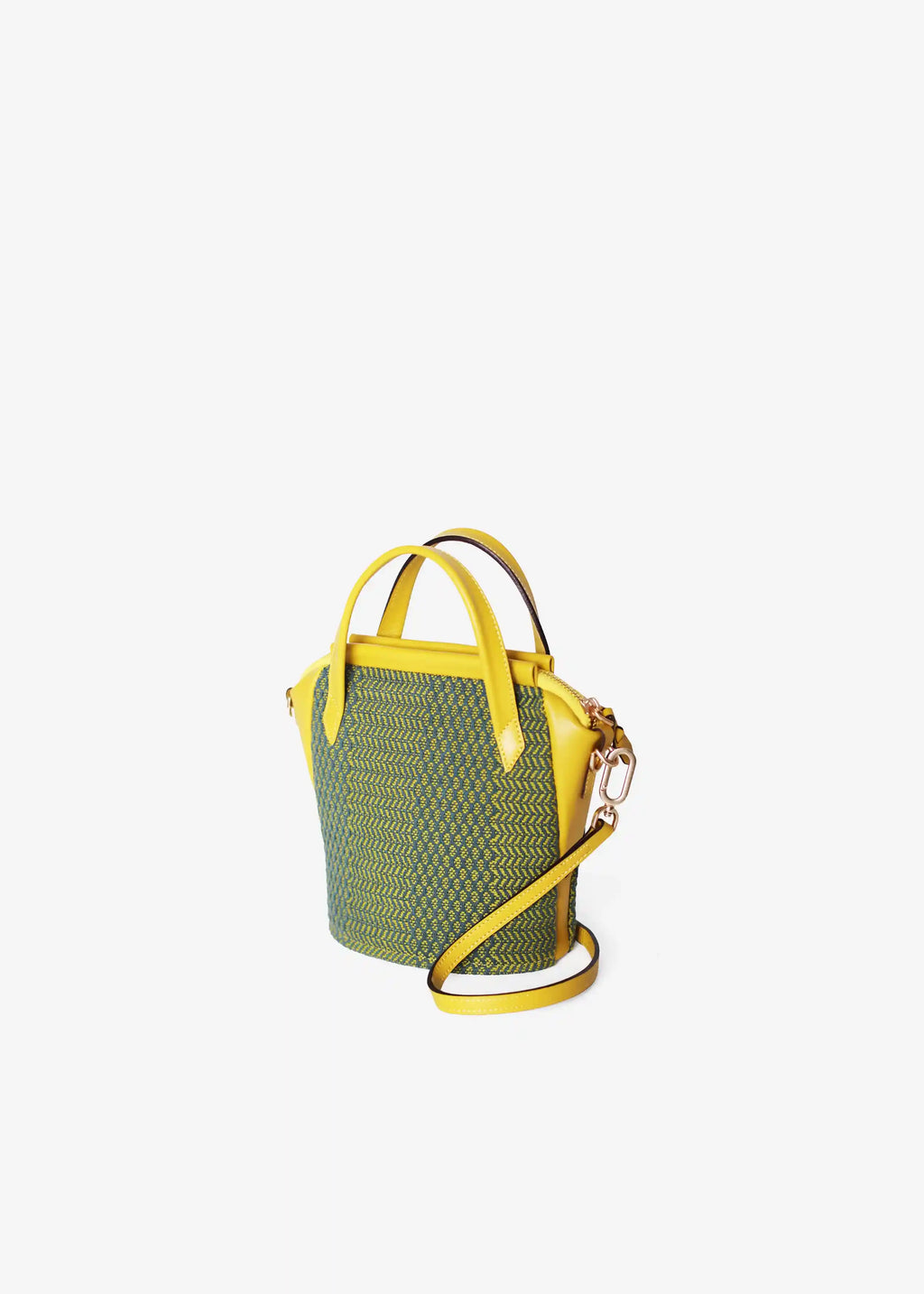 Chicago Mini Dream Green Mango bag perspective view — handwoven cotton with yellow leather double handles and detachable strap