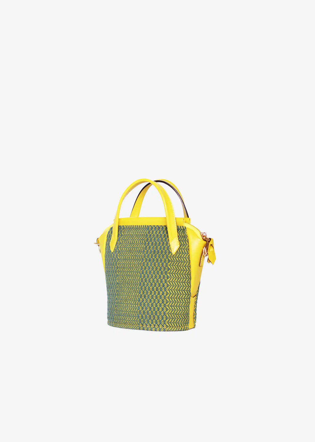 Chicago Mini Dream Green Mango bag side profile — tapered structure with yellow leather and adjustable strap