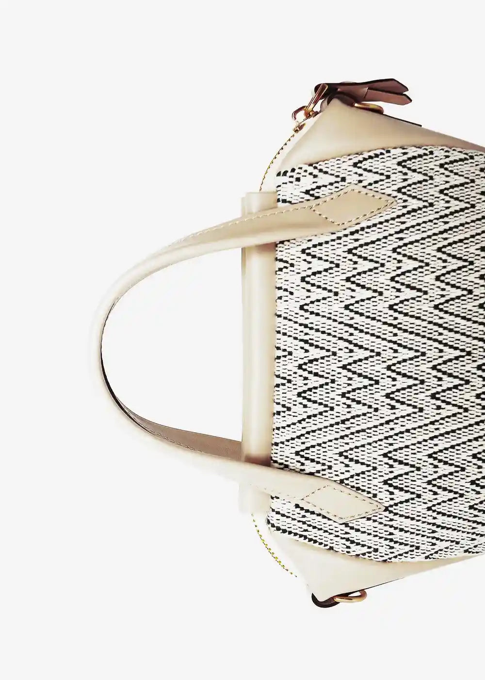 Chicago Mini Peak Mountain Snow bag detail — cream leather handles, adjustable shoulder strap and matte gold hardware