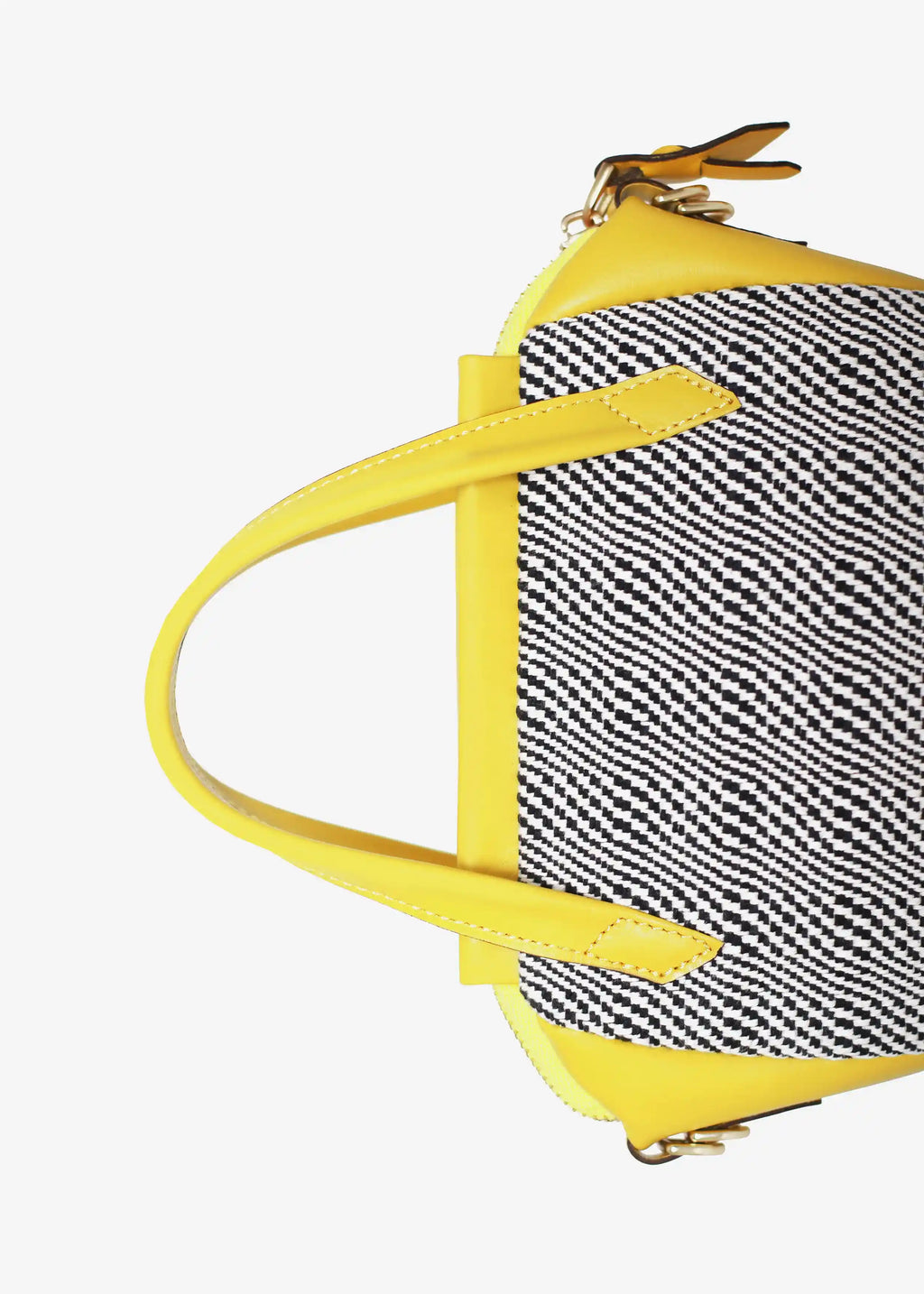 Chicago Mini Rise Salt & Pepper bag detail — yellow leather handles and matte gold hardware