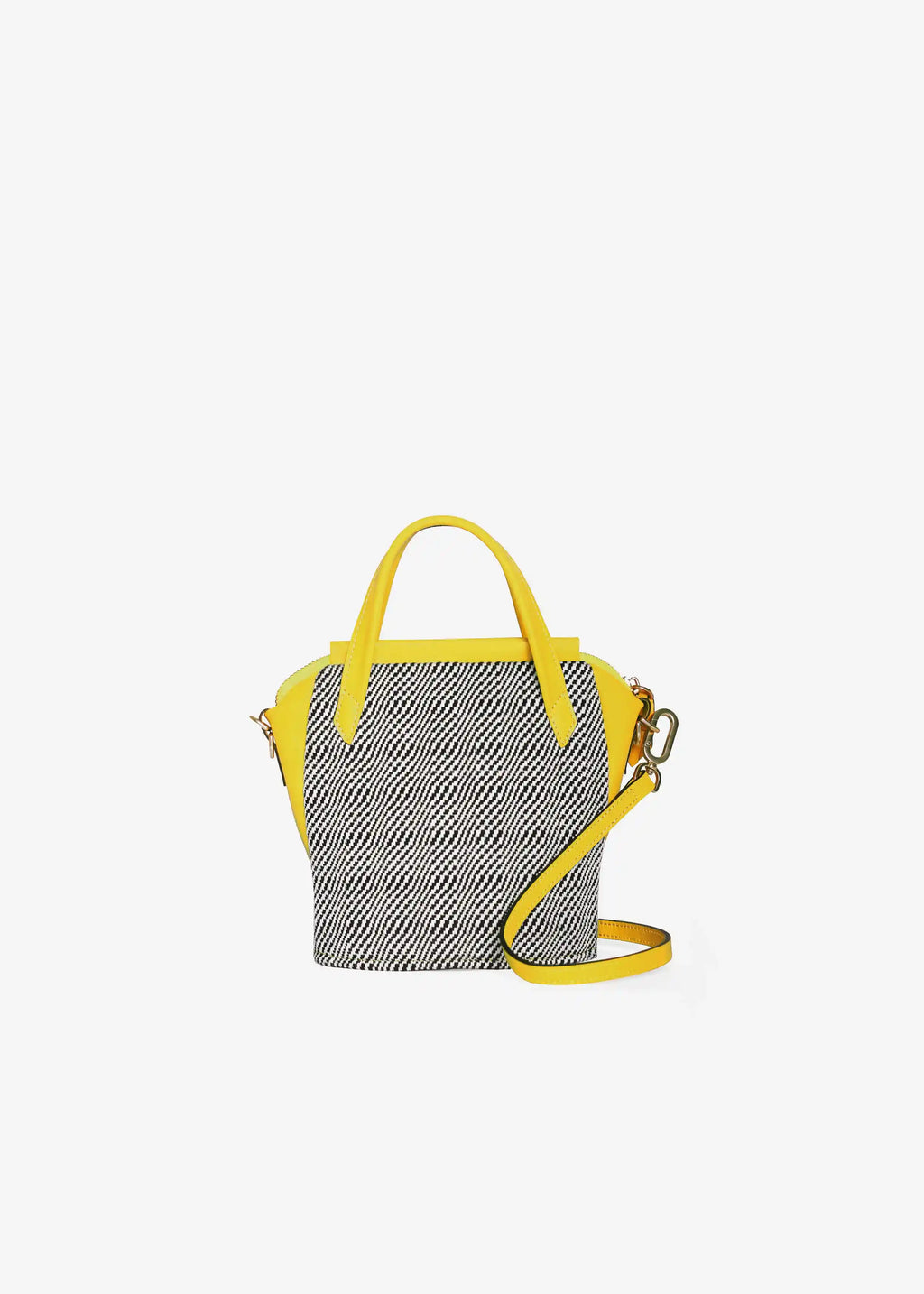 Chicago Mini Rise Salt & Pepper bag front — handwoven cotton weave with yellow genuine leather handles and trim
