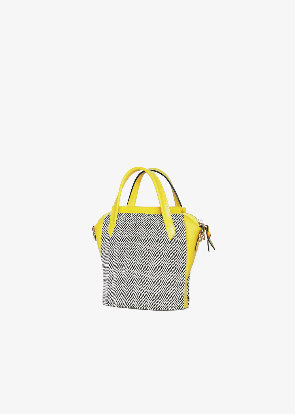 Chicago Mini Rise Salt & Pepper bag side profile — tapered structure with yellow leather and adjustable strap