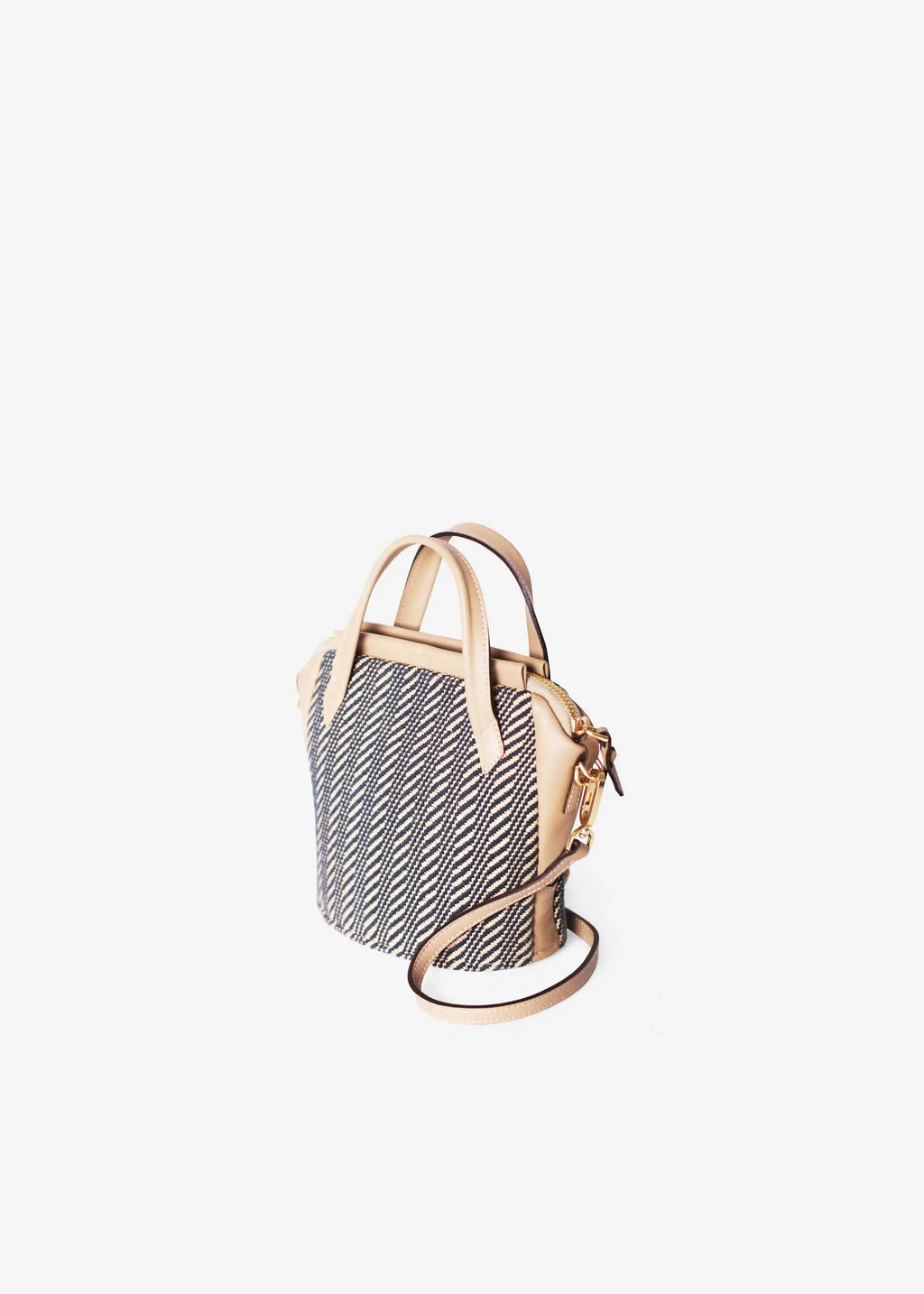 Chicago Mini Twist Dusk bag perspective view — handwoven cotton with beige nappa leather double handles and detachable strap