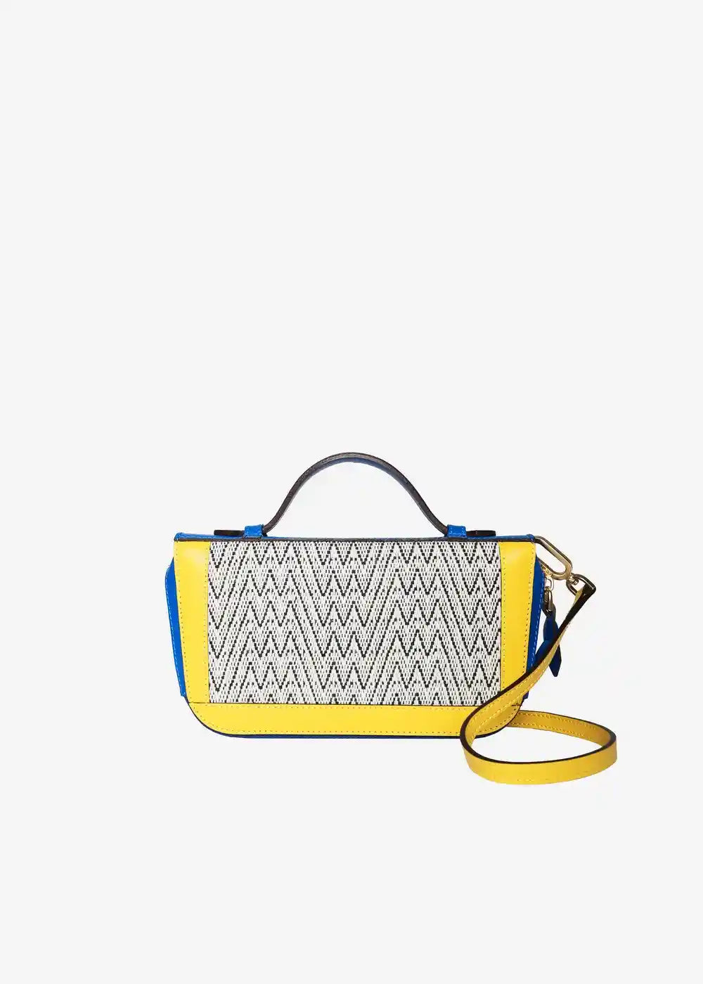 Paris Peak Mountain Snow crossbody bag front — handwoven cotton weave with multi color nappa leather frame