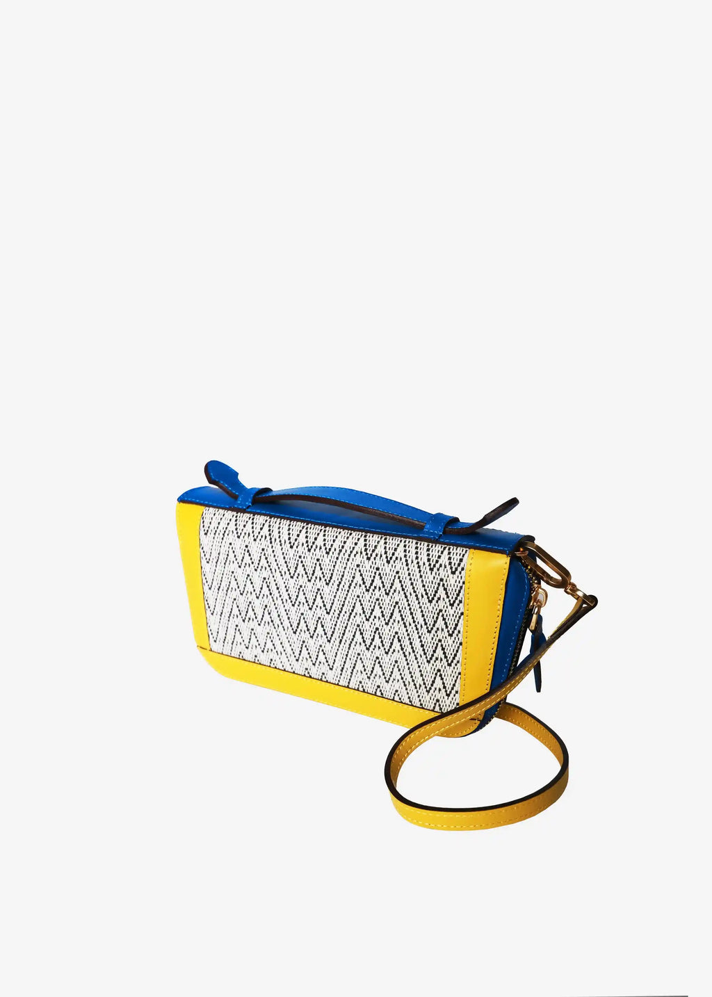Paris Peak Mountain Snow bag perspective view — handwoven cotton with multi color nappa leather and top handle