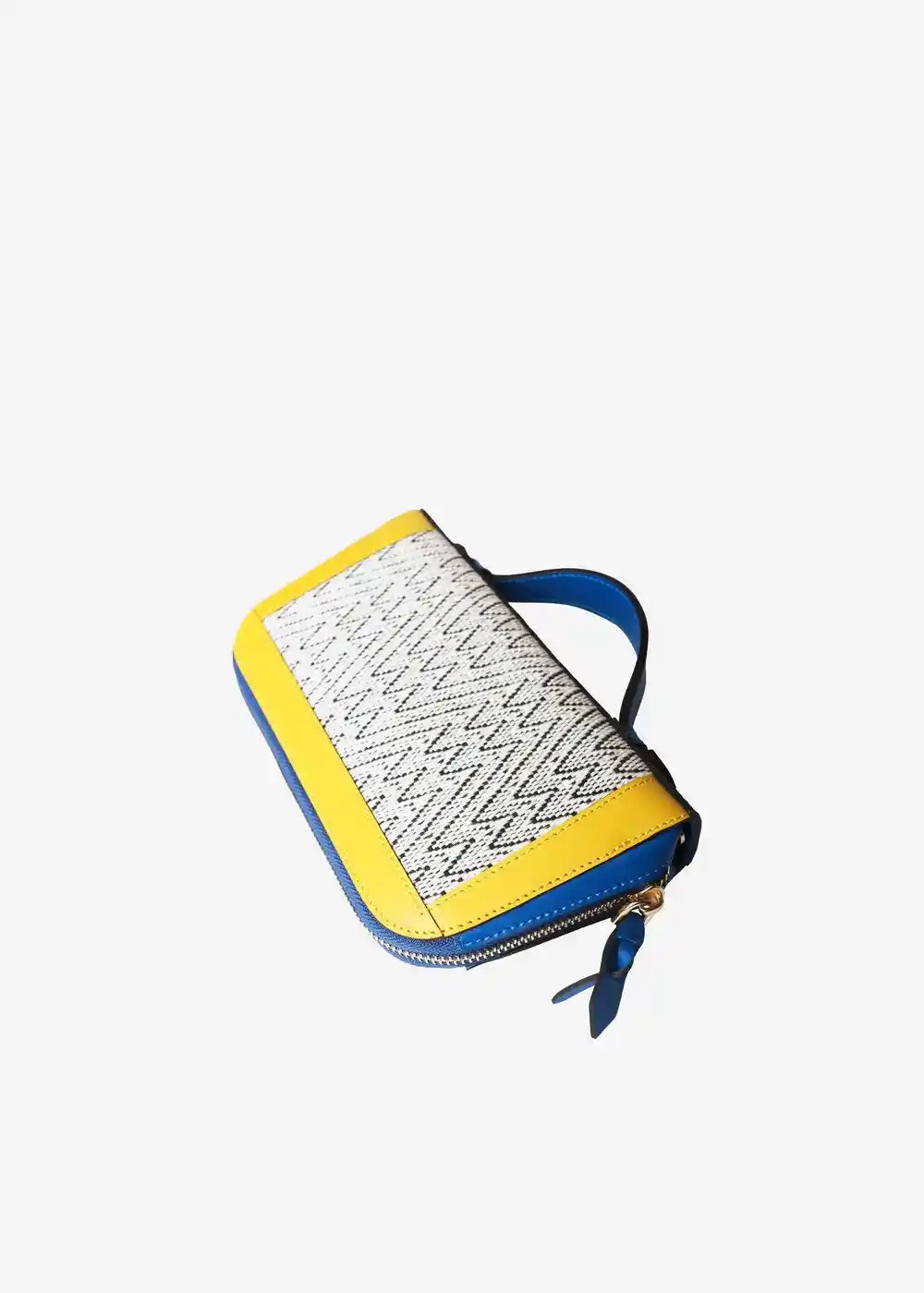 Paris Peak Mountain Snow bag top view — handwoven cotton weave with multi color nappa leather trim