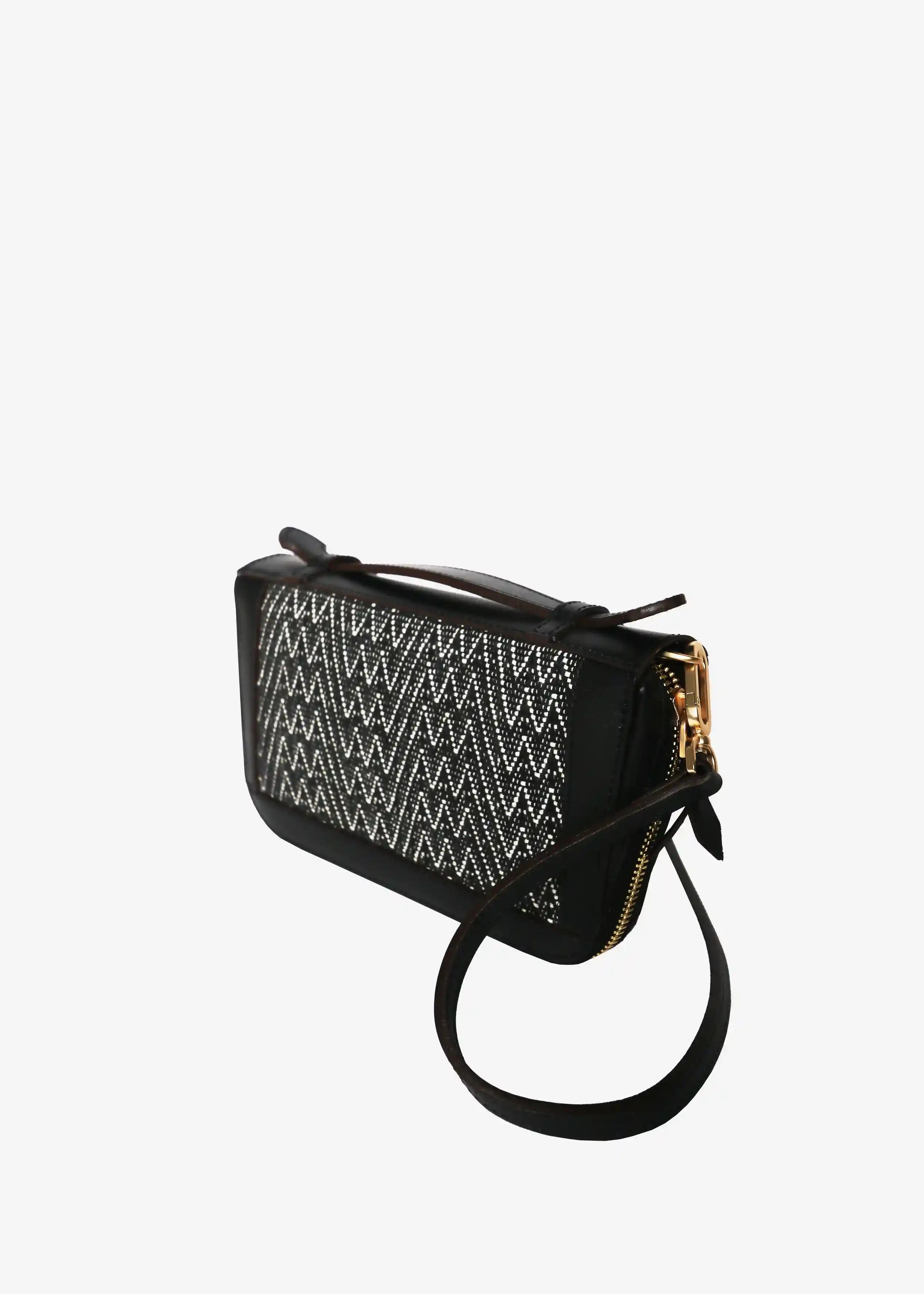 Paris Peak Noir bag perspective view — handwoven cotton with black nappa leather and top handle