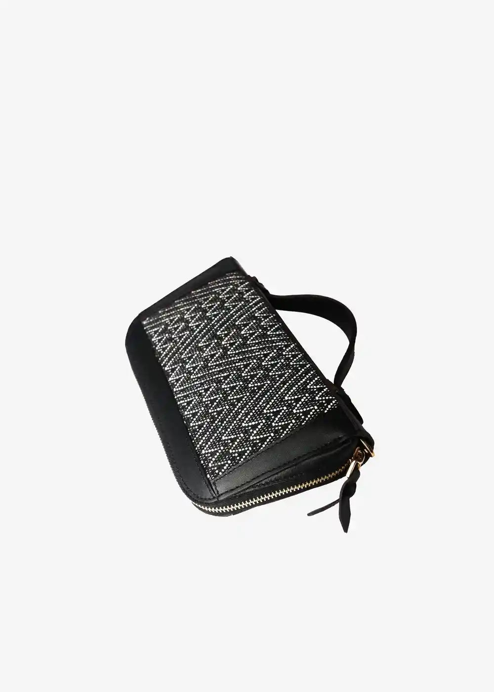 Paris Peak Noir bag top view — handwoven black cotton weave with black nappa leather trim