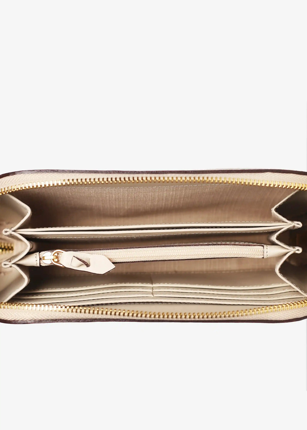 Paris Rise Coral bag interior detail showing 6 card pockets, dividers and zipper pocket in leather-lined interior