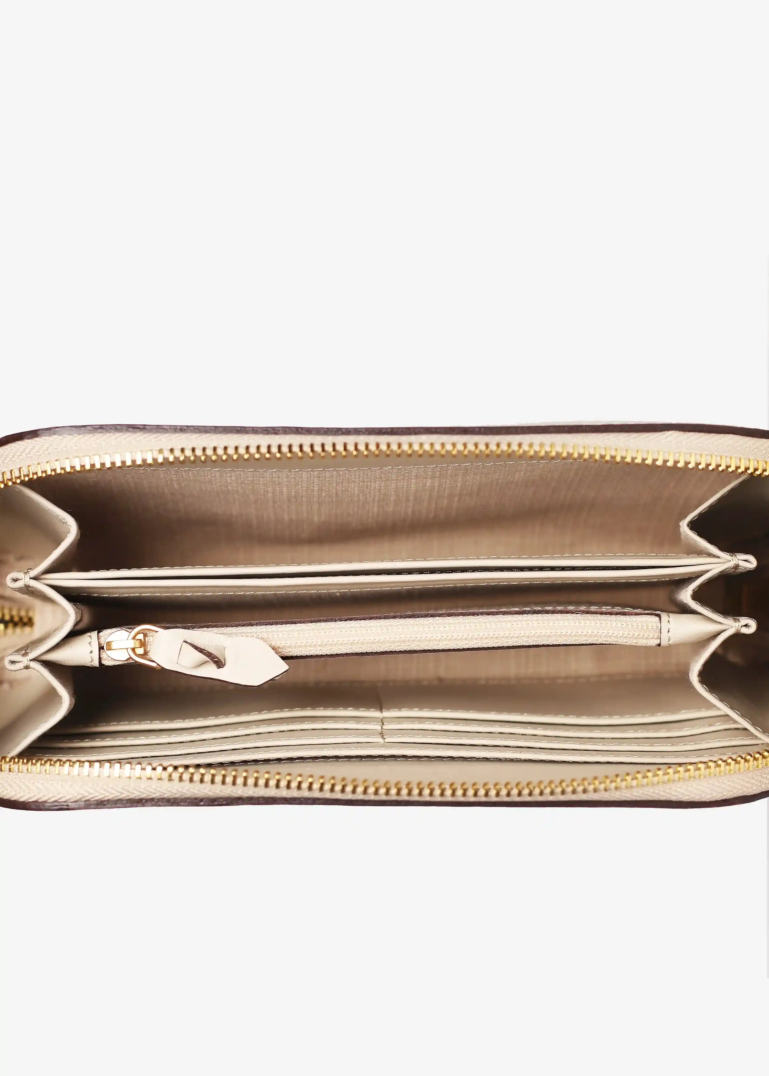 Paris Rise Coral bag interior detail showing 6 card pockets, dividers and zipper pocket in leather-lined interior