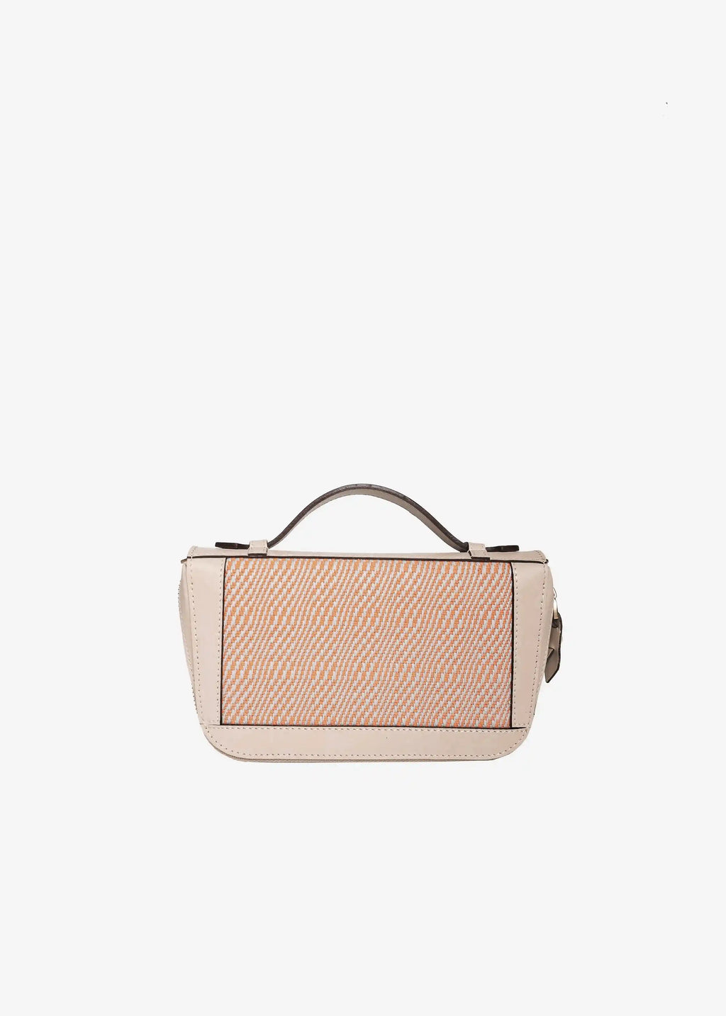 Paris Rise Coral crossbody bag front — handwoven Rise Coral cotton weave with cream nappa leather frame