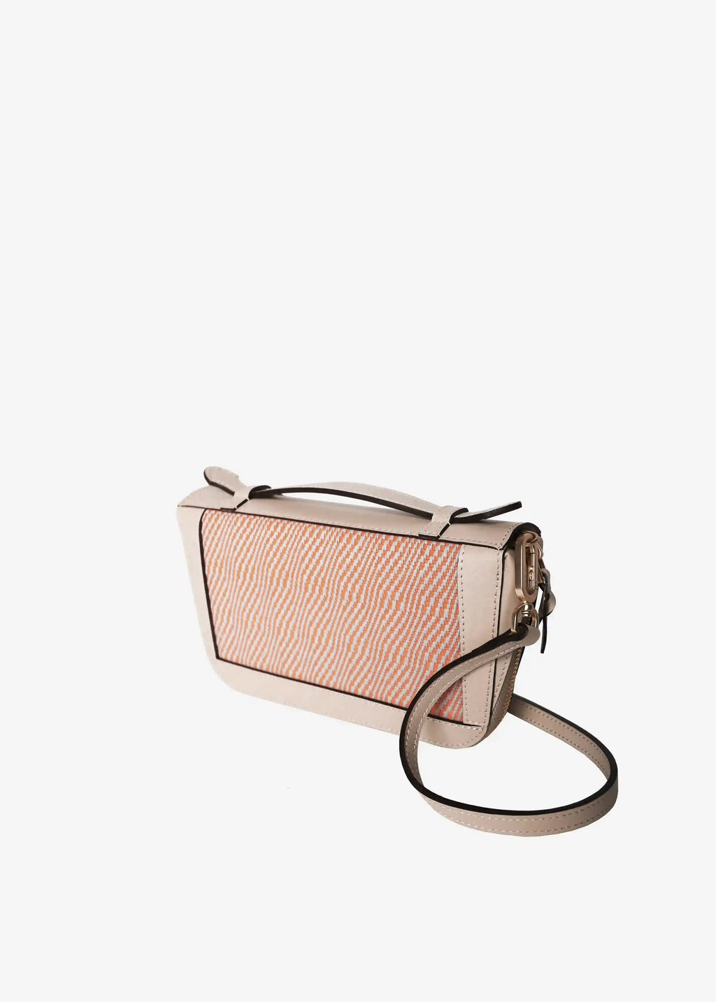 Paris Rise Coral bag perspective view — handwoven cotton with cream nappa leather and top handle