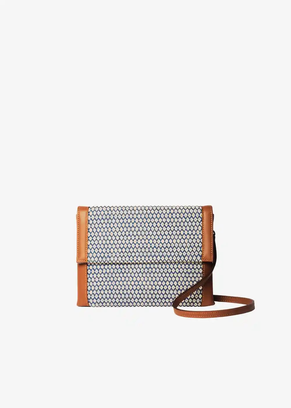 Venice Align Topaz crossbody bag front — handwoven cotton weave with brown nappa leather flap and trim
