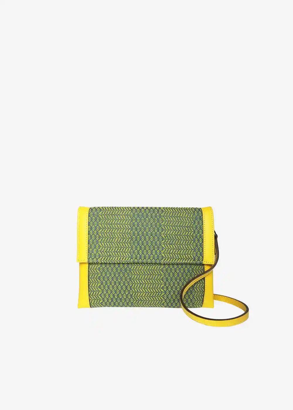 Venice Dream Green Mango crossbody bag front — handwoven cotton weave with yellow nappa leather flap and trim