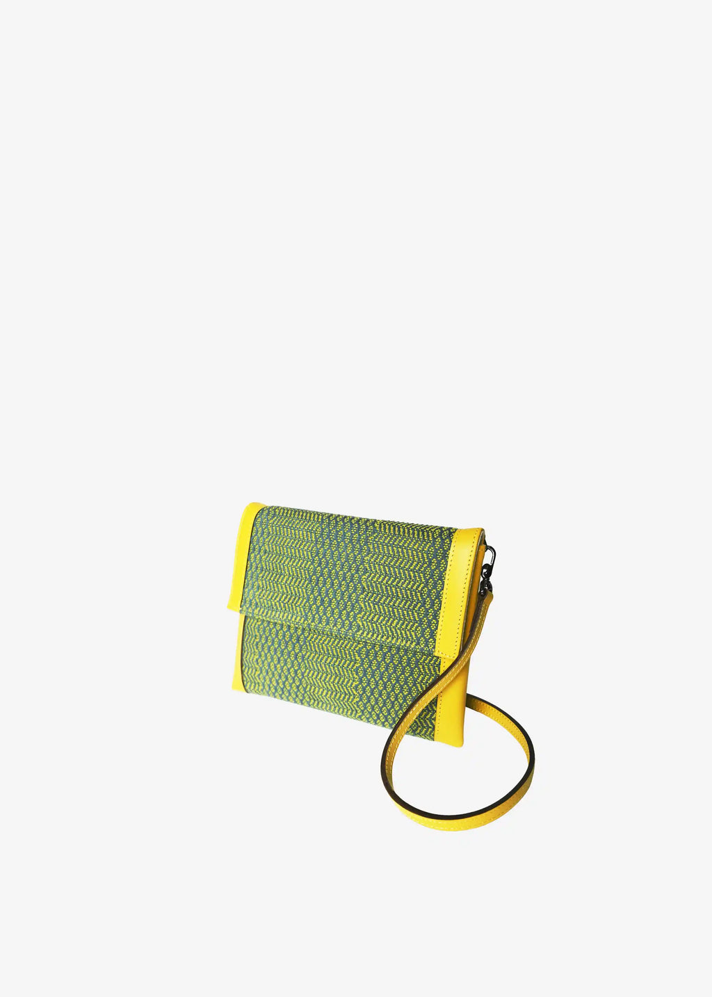 Venice Dream Green Mango crossbody bag perspective view — handwoven cotton with yellow nappa leather strap and wrist loop