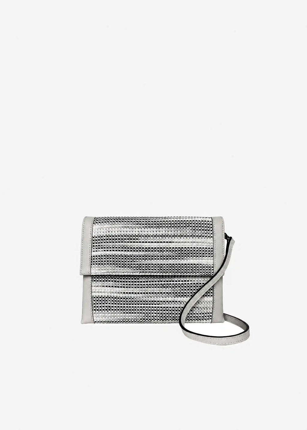 Venice Flow River Stone crossbody bag front — handwoven cotton weave with cream nappa leather flap and trim
