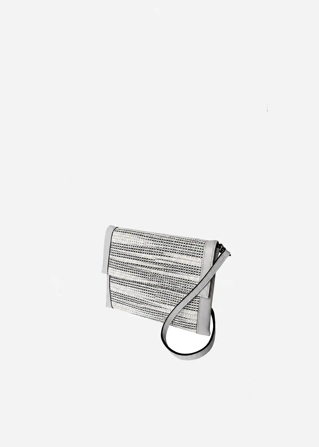 Venice Flow River Stone crossbody bag perspective view — handwoven cotton with cream nappa leather strap and wrist loop