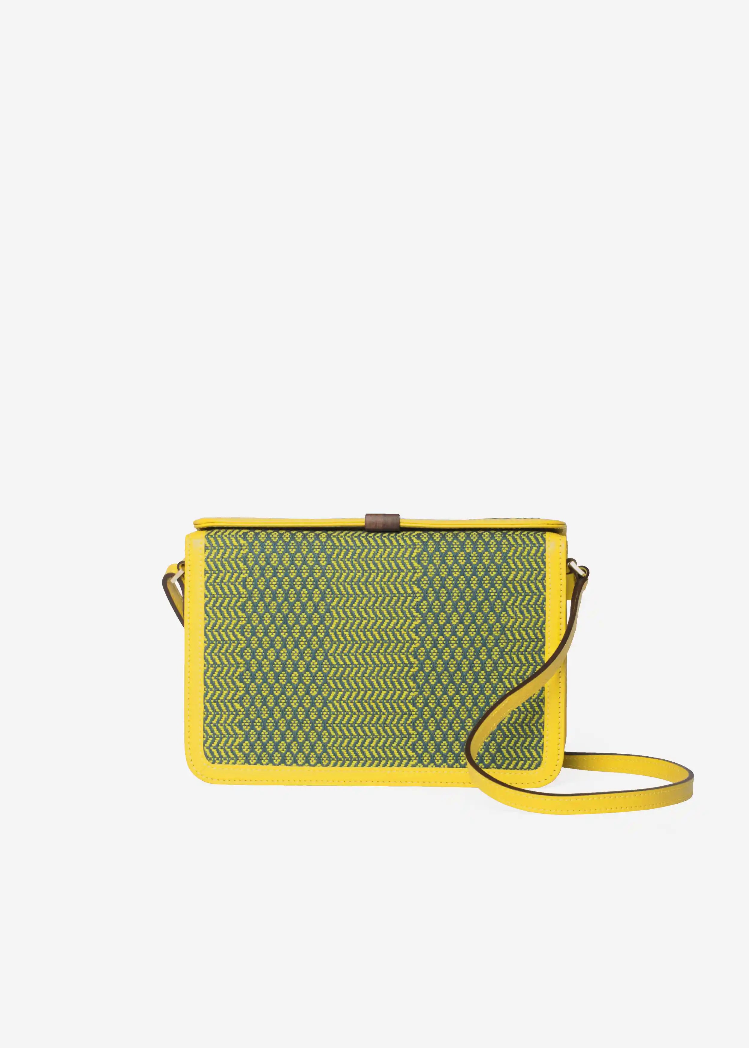 Zürich Dream Green Mango crossbody bag front — handwoven cotton weave with yellow nappa leather and reclaimed rosewood tab closure