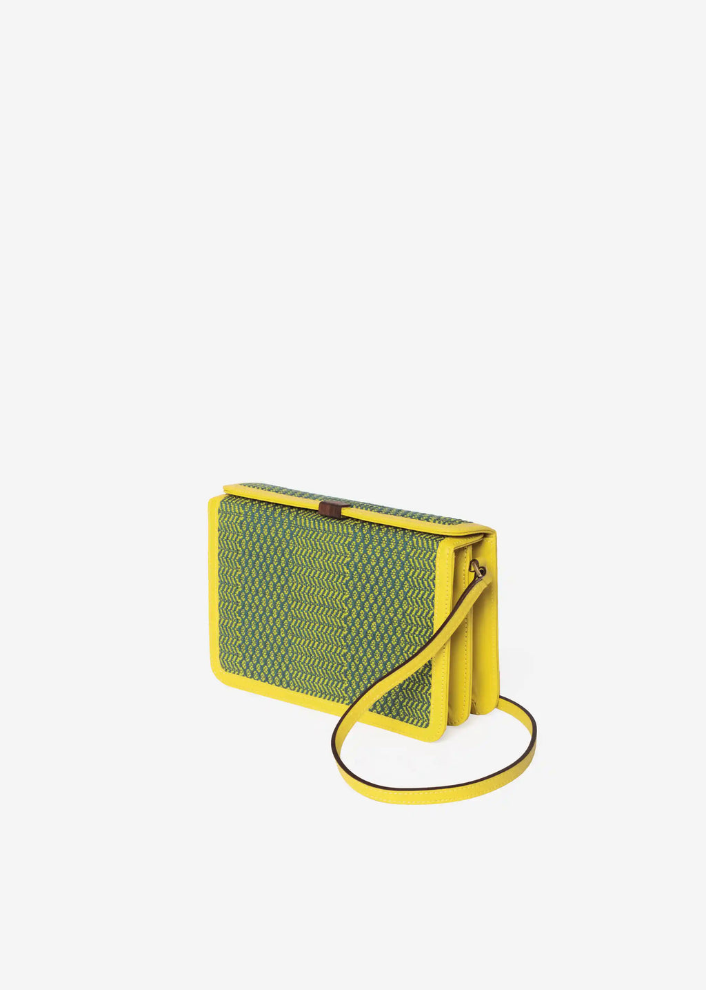 Zürich Dream Green Mango crossbody bag perspective view — handwoven cotton with yellow nappa leather and rosewood closure