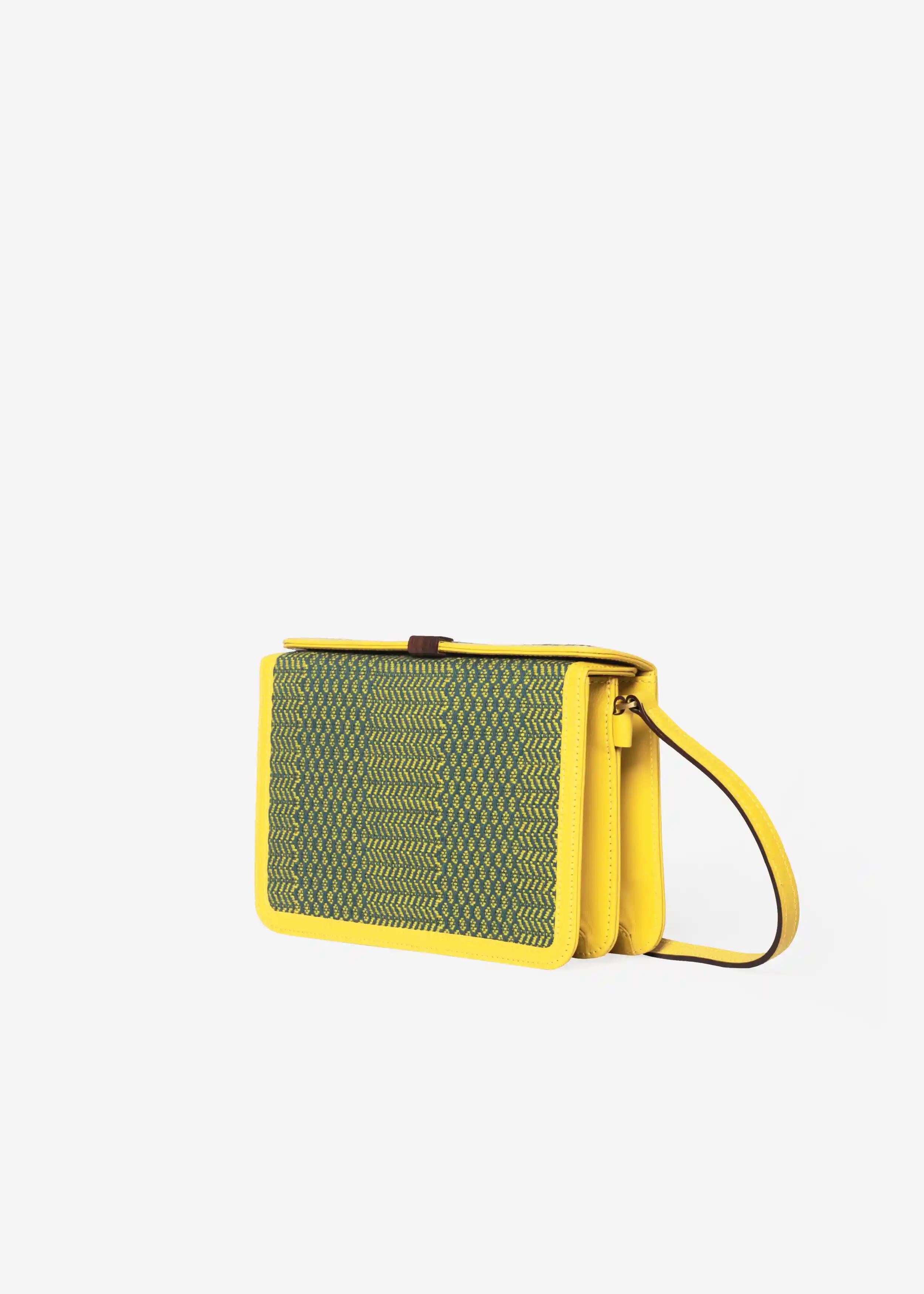 Zürich Dream Green Mango crossbody bag side profile — yellow nappa leather with matte gold hardware