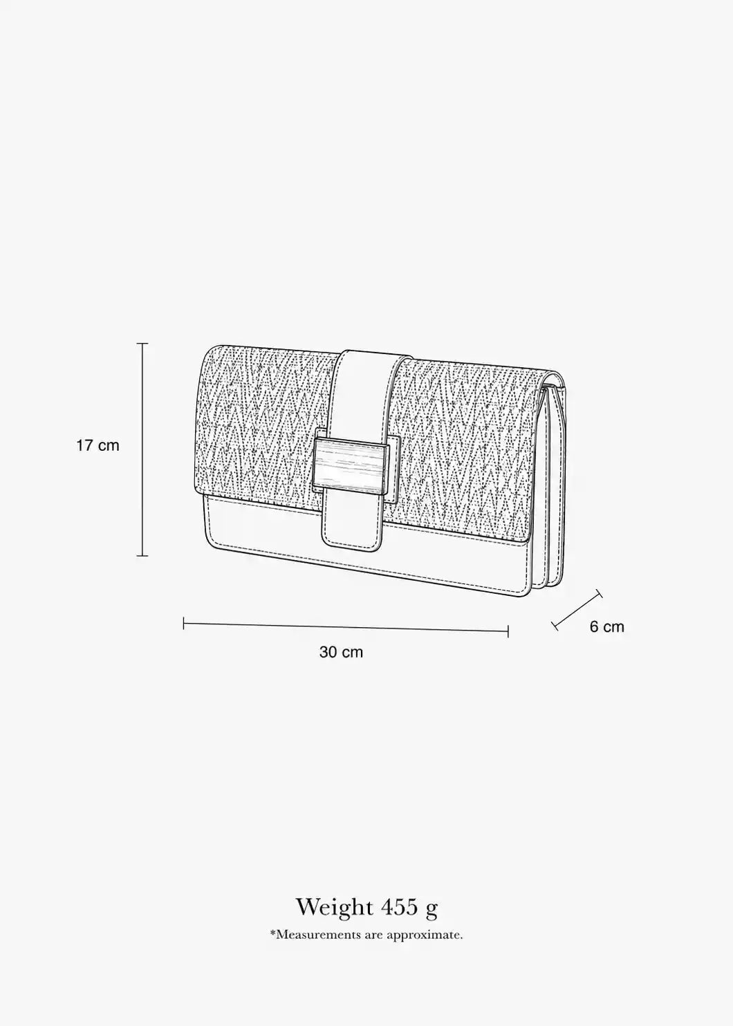 Berlin Clutch bag dimensions — 30 cm W × 17 cm H × 6 cm D, weight 455 g