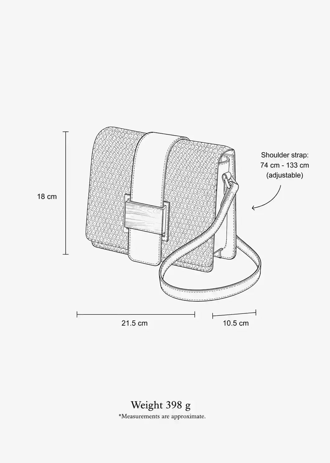 Berlin crossbody bag dimensions — 21.5 cm W × 18 cm H × 10.5 cm D, shoulder strap 74–133 cm adjustable, weight 398 g