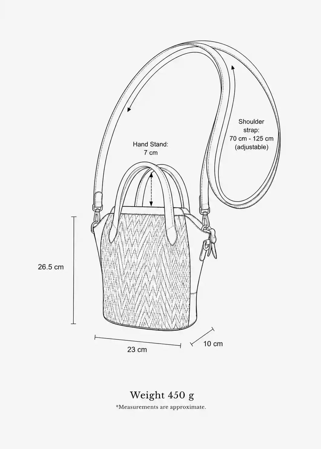 Chicago Mini bag dimensions — 23 cm W × 26.5 cm H × 10 cm D, shoulder strap 70–125 cm adjustable, top handles 7 cm, weight 450 g