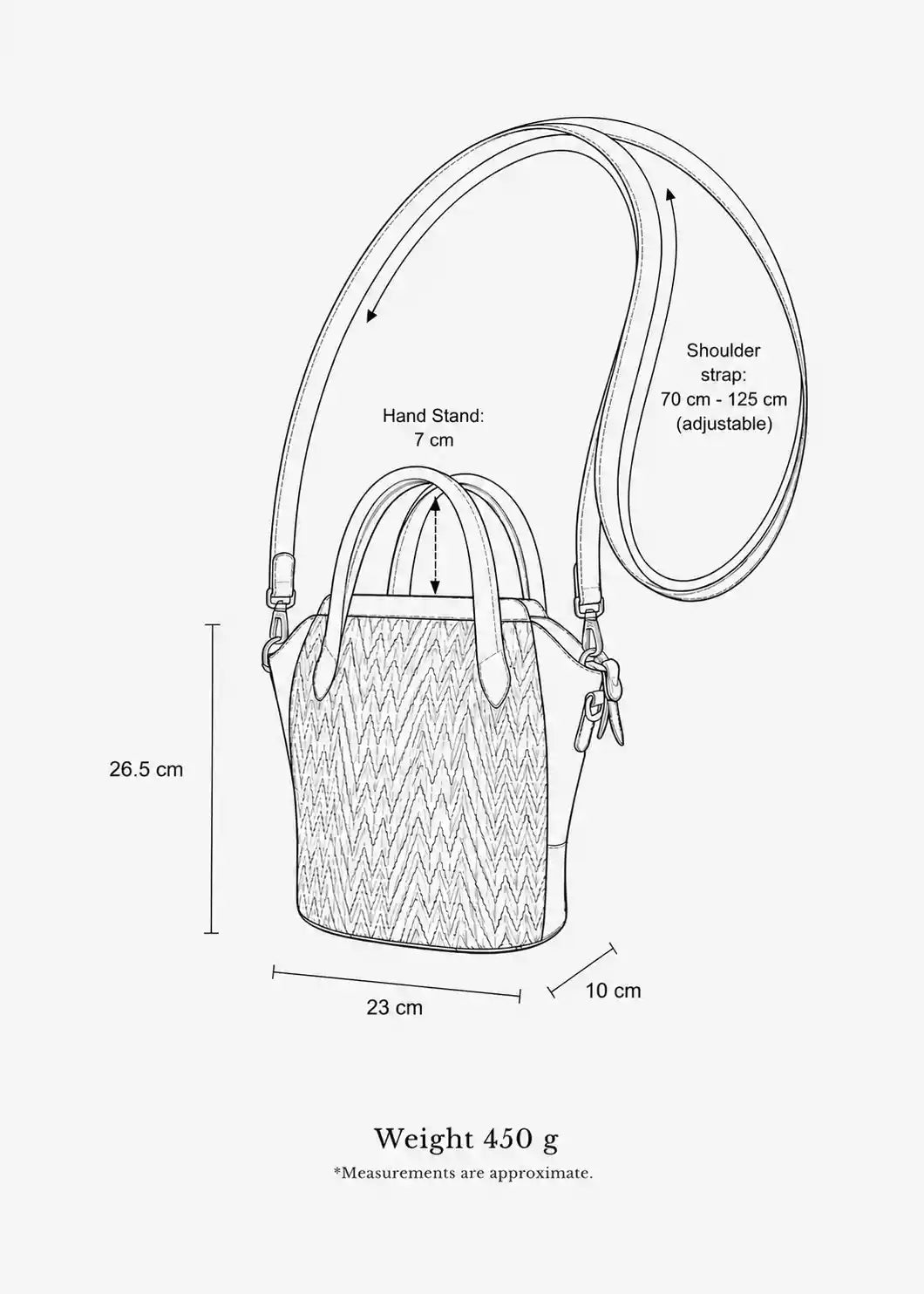 Chicago Mini bag dimensions — 23 cm W × 26.5 cm H × 10 cm D, shoulder strap 70–125 cm adjustable, top handles 7 cm, weight 450 g