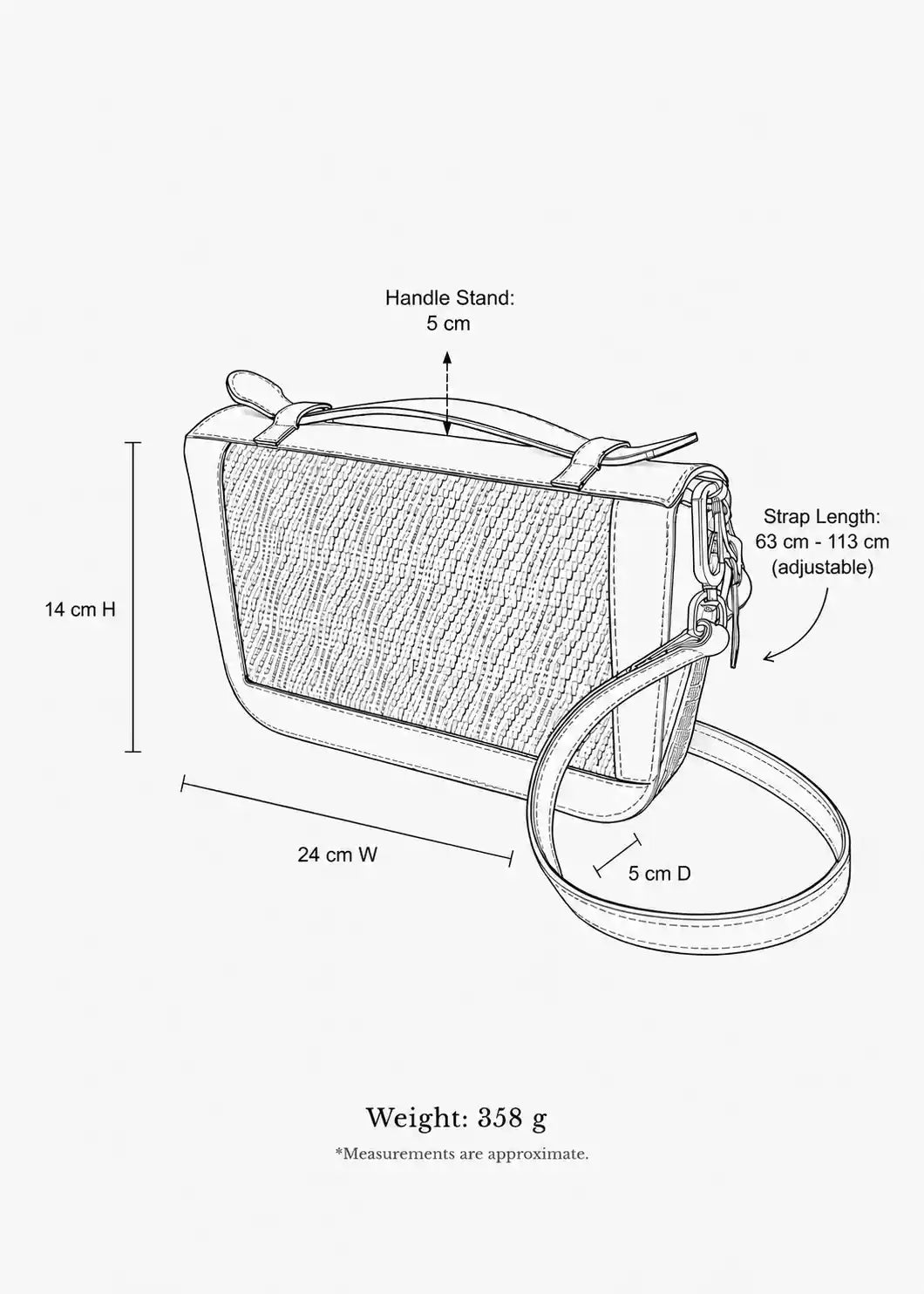paris-measurements → Paris bag dimensions — 24 cm W × 14 cm H × 5 cm D, shoulder strap 63–113 cm adjustable, top handle 5 cm, weight 358 g