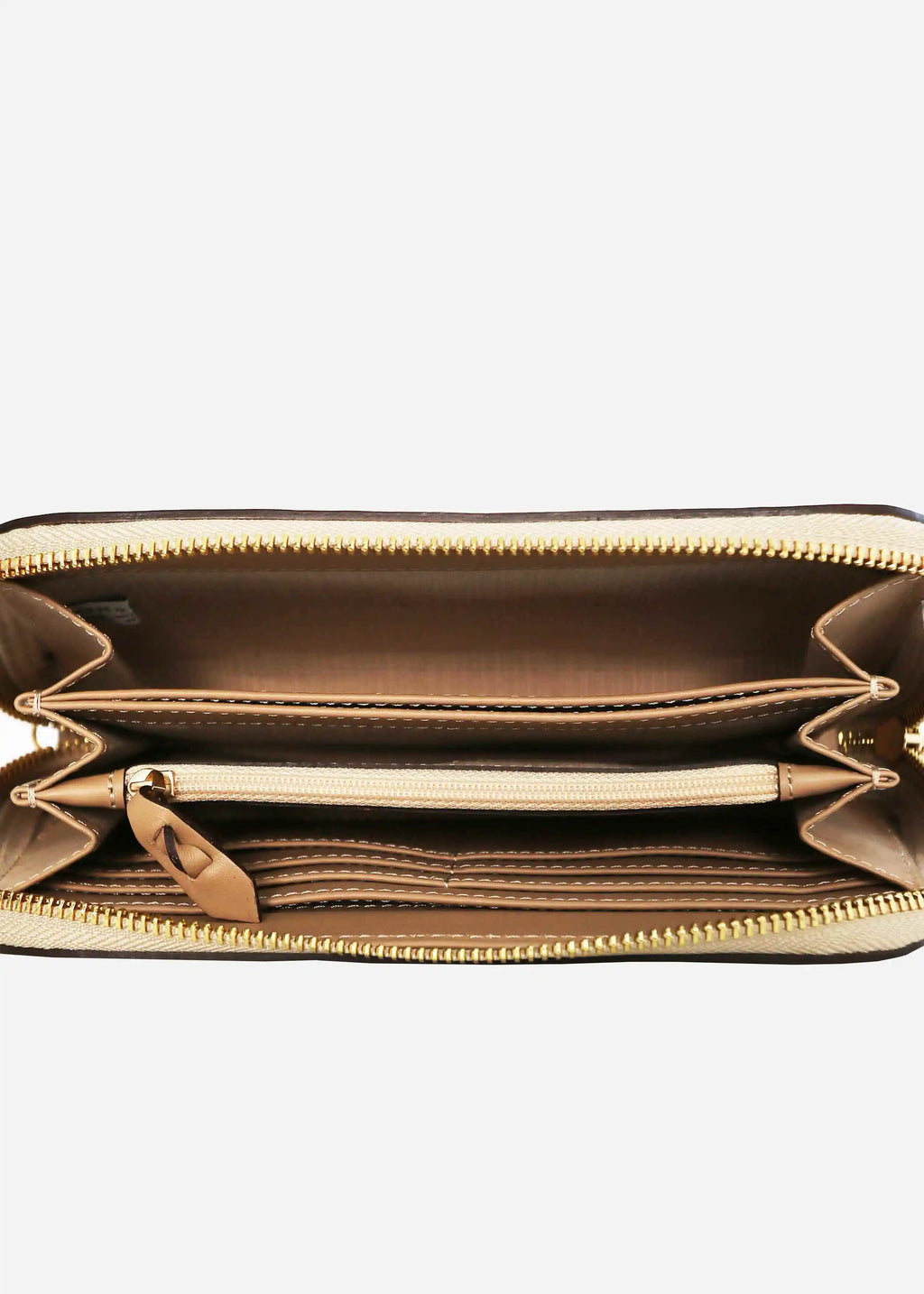 Paris Twist Dusk bag interior detail showing 6 card pockets, dividers and zipper pocket in leather-lined interior