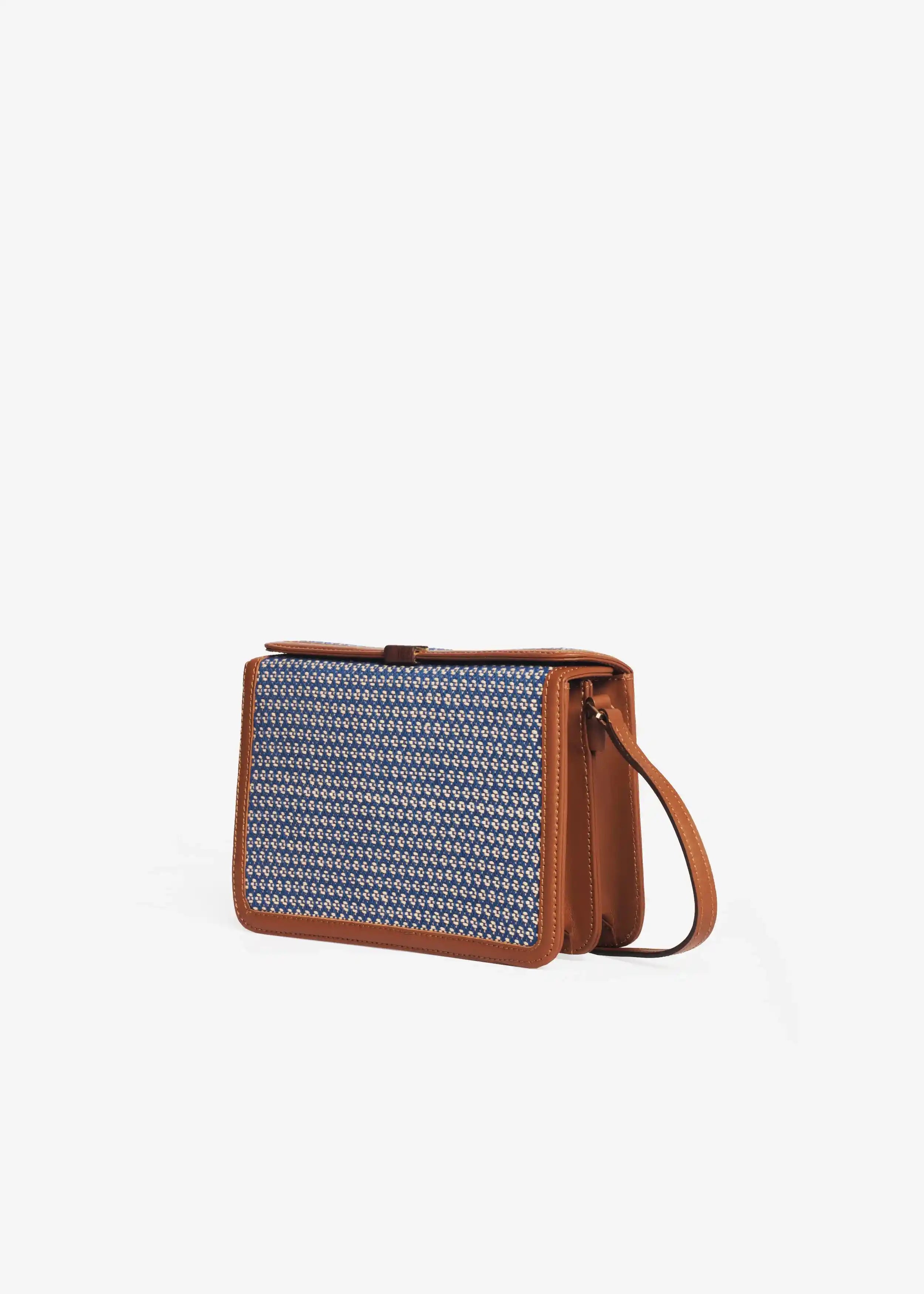 Zürich Align Topaz crossbody bag perspective 3/4 view — handwoven cotton weave with brown nappa leather trim
