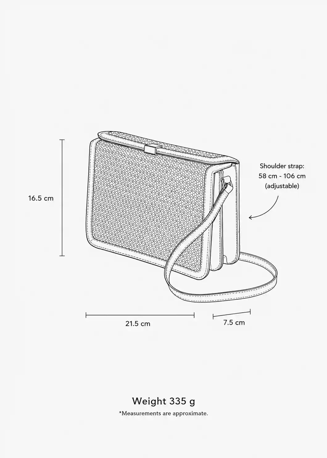 Zürich bag dimensions — 21.5 cm W × 16.5 cm H × 7.5 cm D, shoulder strap 58–106 cm adjustable, weight 335 g