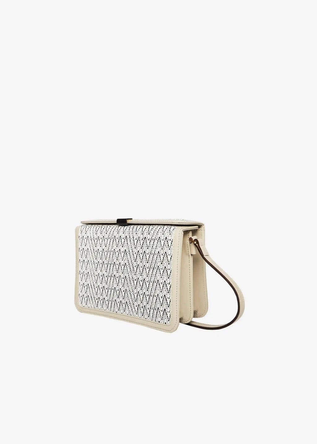 Zürich Peak Mountain Snow crossbody bag angled view — compact structured body with cream nappa leather and rosewood closure