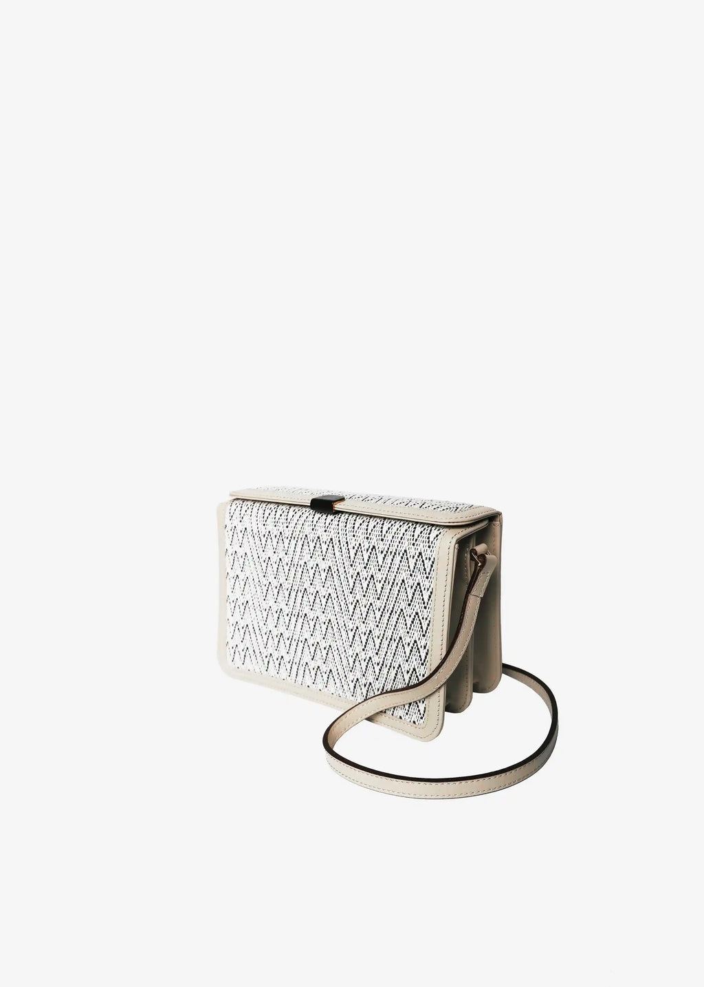 Zürich Peak Mountain Snow crossbody bag perspective 3/4 view — handwoven cotton weave with cream nappa leather trim