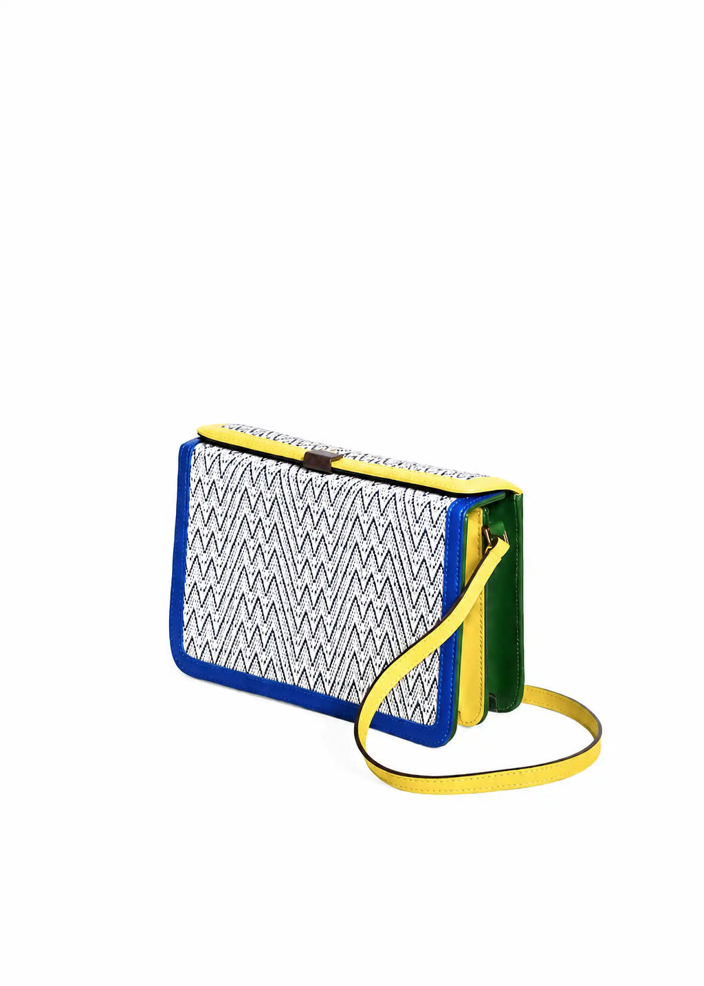Zürich Peak Mountain Snow crossbody bag perspective view — handwoven cotton weave with multi color nappa leather trim