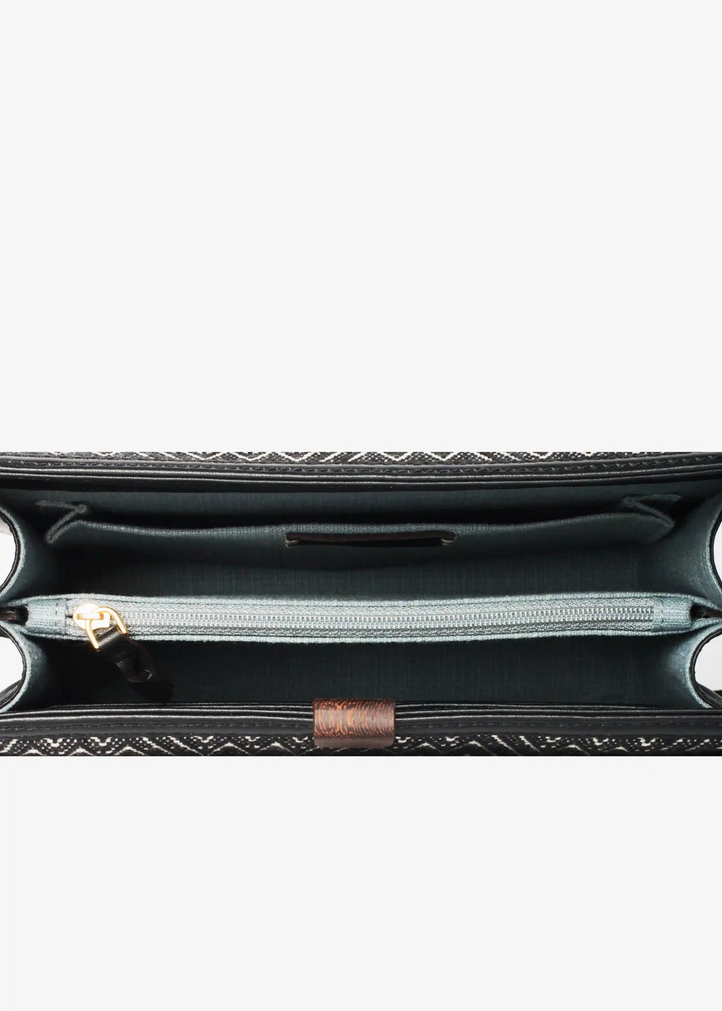 Zürich Peak Noir bag interior showing 6-slot card panel, zipper pocket and open side pocket