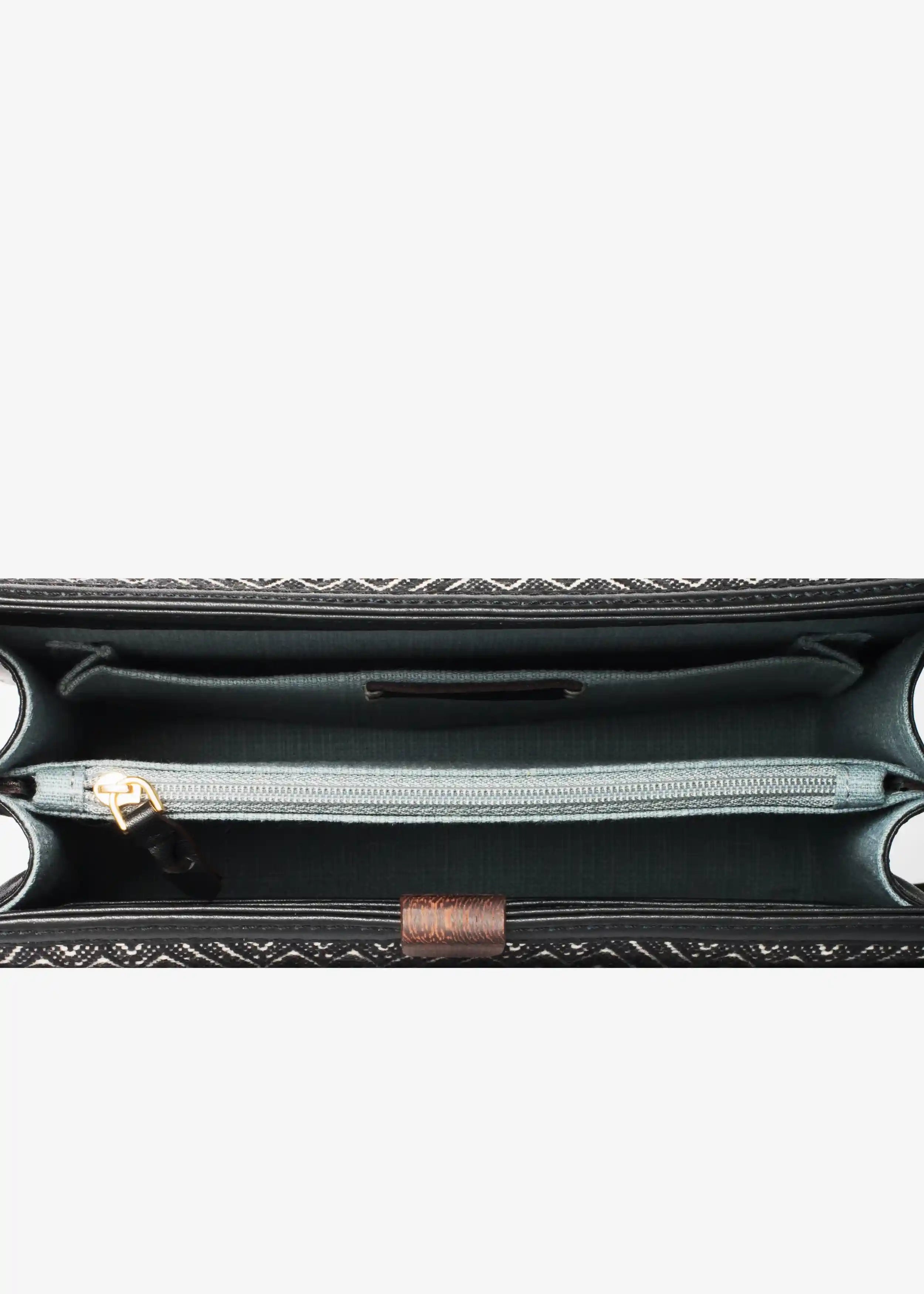 Zürich Peak Noir bag interior showing 6-slot card panel, zipper pocket and open side pocket